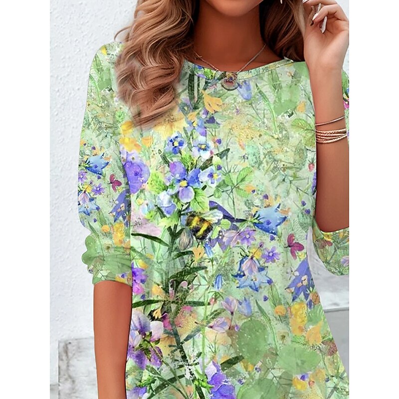 Women's T Shirt Floral Graphic Plants Vintage Stylish Classic Long Sleeve Crew Neck Round Neck Regular Tops Daily Print Light Green Spring Fall Winter2