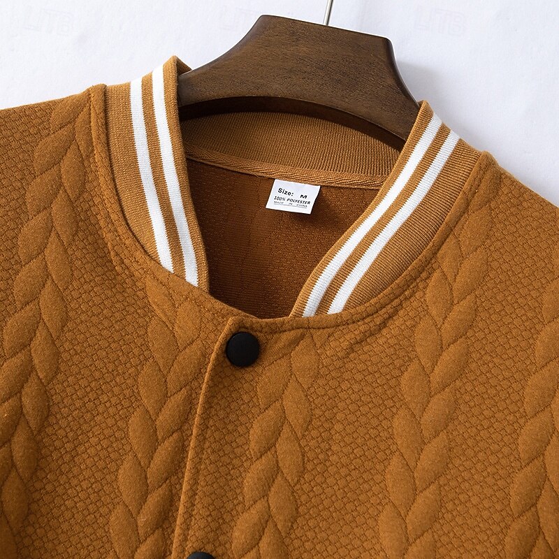 Men's Bomber Jacket Home Office Windbreaker Pocket Spring Fall Solid Color Jacquard Active Neutral Collarless Regular Black White Navy Blue Orange Khaki Jacket4