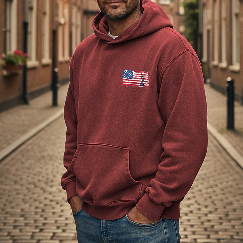 Men's Hoodie Distressed Hoodie Black Yellow Pink Red Blue Hooded American Flag Drawstring Pocket Front Pocket Sports & Outdoor Daily Holiday Cotton Streetwear Basic Casual Spring &  Fall Clothing3