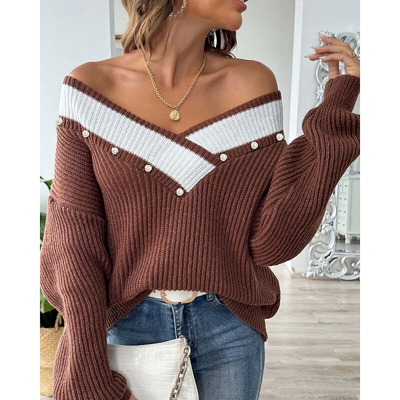 Women's Sweater Pullover Streetwear Casual Color Block V Neck Patchwork Knitted Long Sleeve Regular Tops Knit Daily Holiday Going out Black Dark Blue Fall Winter4