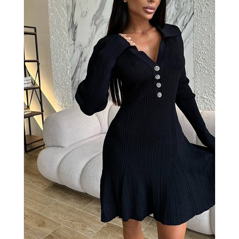 Women's Midi Dress Black Dress Knit Dress Party Dress Casual Dress Elegant Fashion Modern Outdoor Party Daily Slim Plain Long Sleeve V Neck Black White Pink Spring Winter Autumn