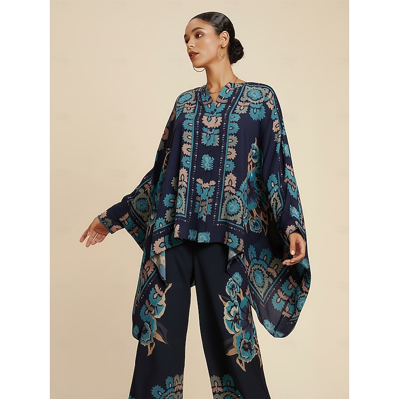 Women's Blouse Ethnic Floral Placement Print Oversized Round Neck Front Opening Casual Vacation Spring Fall