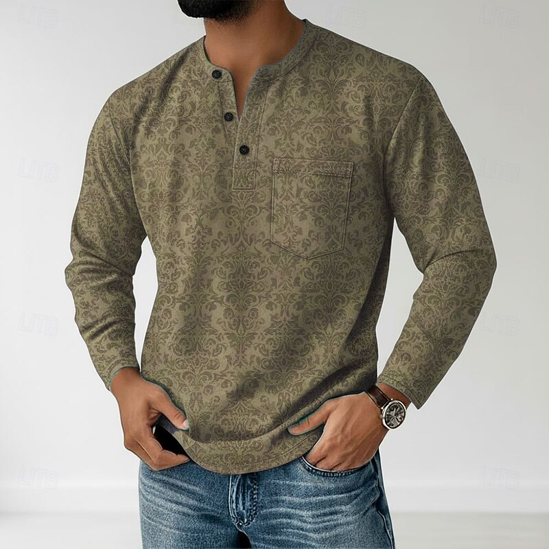 Men's Paisley Henley Shirt T shirt Tee Long Sleeve Retro Vintage Casual Casual Spring Fall All Seasons Blue Green Purple Khaki Henley Henley T-Shirt4