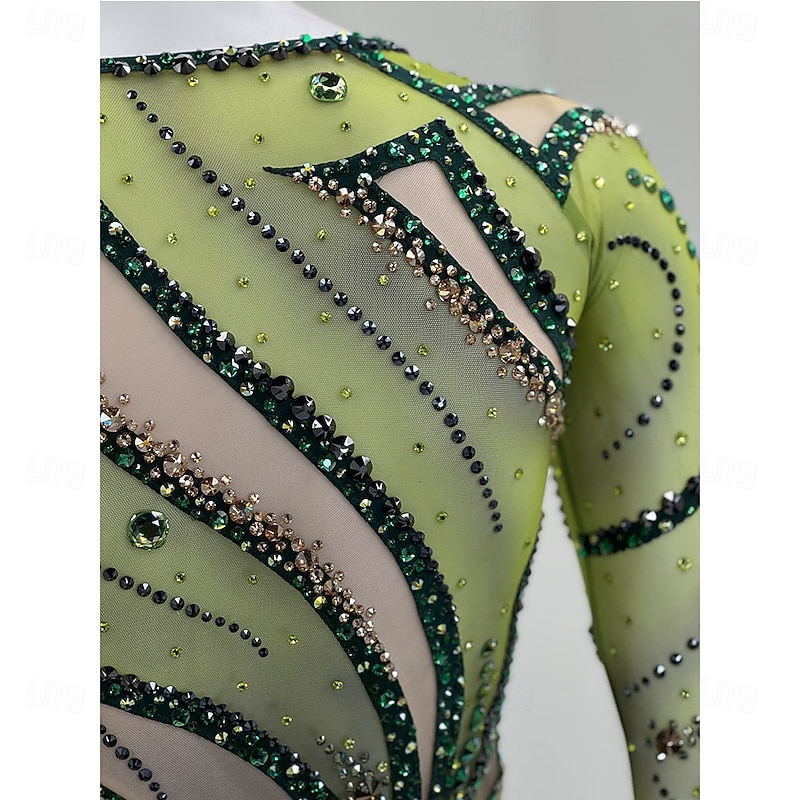 Figure Skating Top Men's Boys' Ice Skating Tops Green Patchwork Mesh Spandex High Elasticity Training Competition Skating Wear Classic Crystal / Rhinestone Long Sleeve Ice Skating Figure Skating4