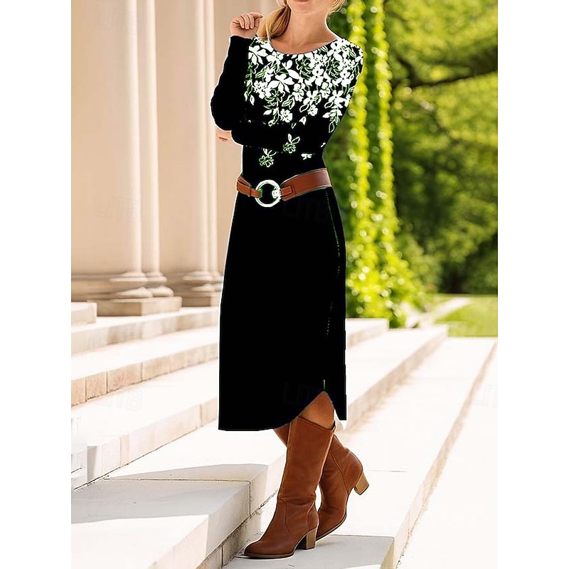 Women's Midi Dress Sheath Dress Shift Dress Casual Daily Regular Fit Floral Graphic Paisley Long Sleeve Crew Neck Black Purple Green Spring Fall Winter Autumn4