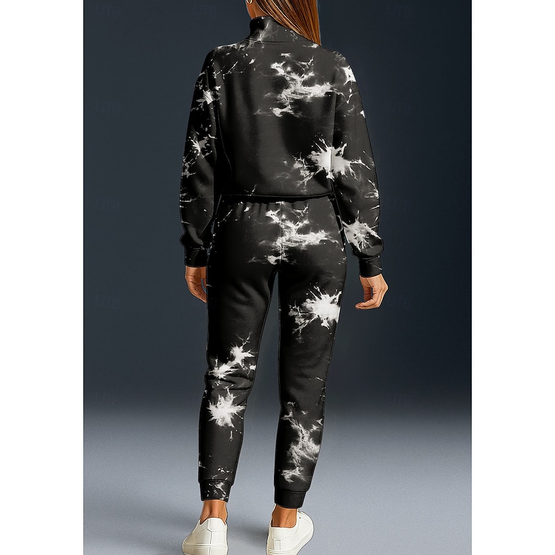 Women's Sweatshirt Tracksuit 2 Piece Tracksuit Baggy Tie Dye Clothing Suit Fall Black Vocation Outdoor Travel Lightweight Fashion Long Sleeve Sport Activewear Micro-elastic Regular Fit2