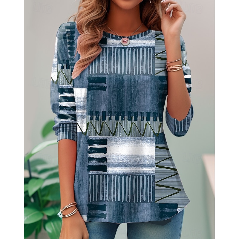 Women's T Shirt Graphic Geometric Vintage Fashion Stylish Long Sleeve Crew Neck Regular Tops Daily Weekend Print Pink Blue Brown Khaki Summer Spring Fall