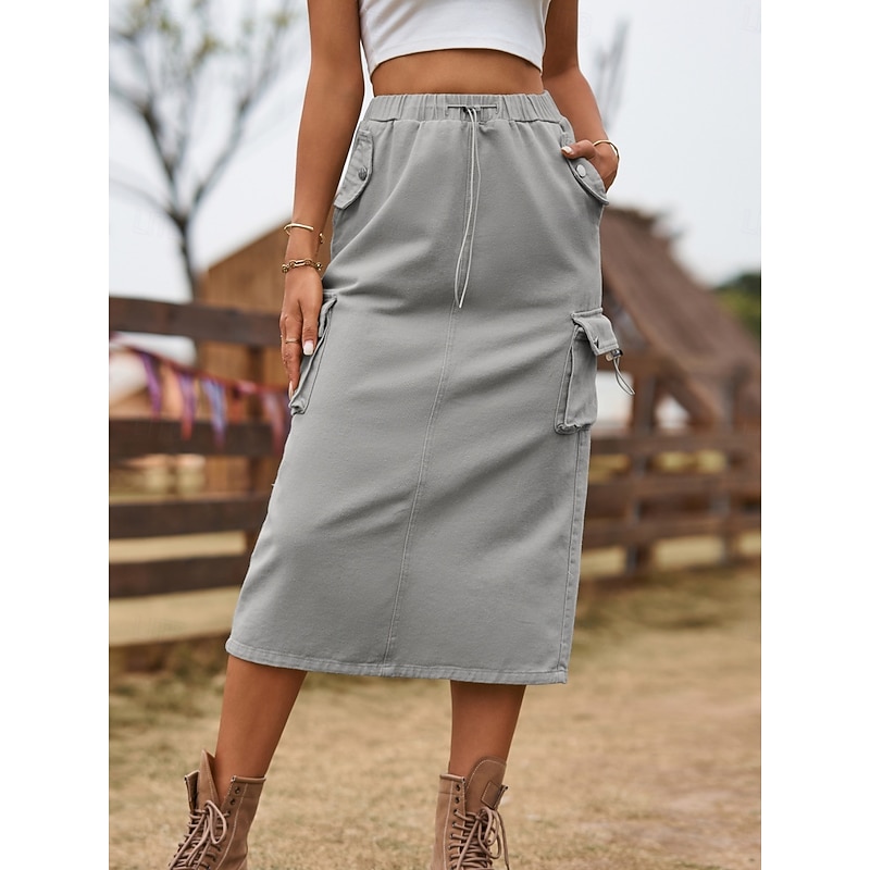 Women's Skirt A Line Bodycon Fashion Casual Midi High Waist Skirts Plain Drawstring Pocket Micro-elastic Street Daily Black Green Khaki Gray Summer Denim - Main Image
