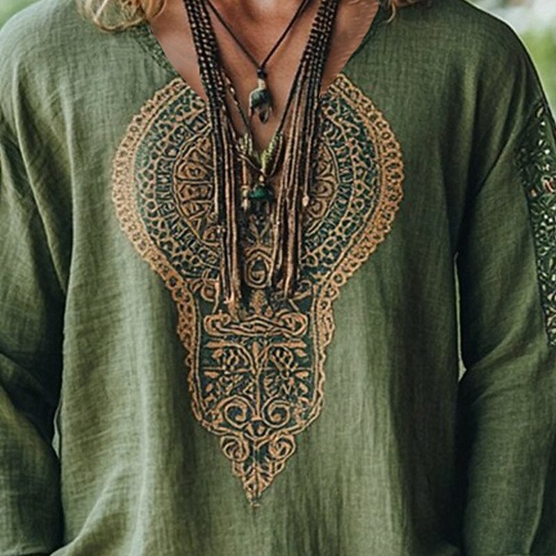 Men's Linen Shirt Summer Shirt Vintage Shirt Ethnic Shirt Long Sleeve Shirt Boho Vacation Street Green Long Sleeve V Neck Summer Spring Clothing Apparel Ethnic2