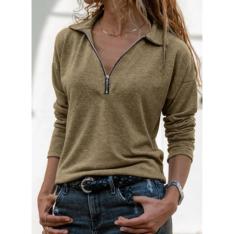 Women's Tunic Solid Color Elegant Vintage Stylish Long Sleeve Crew Neck Regular Tops Daily Quarter Zip Black Red Blue Green Khaki Spring Fall4