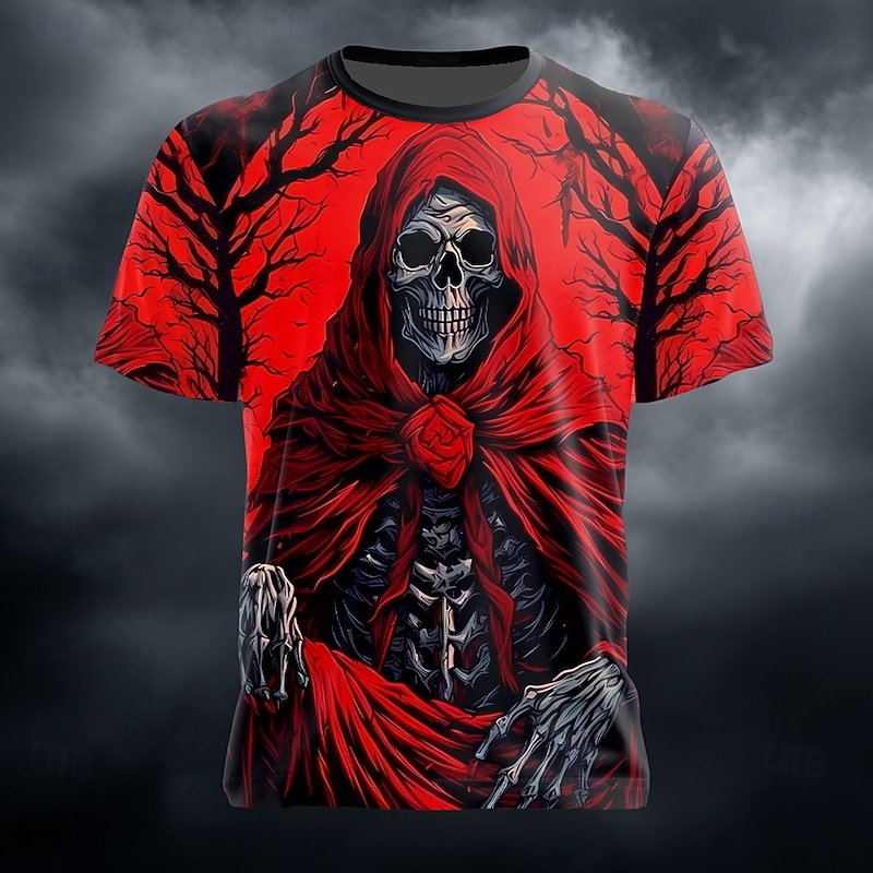 Halloween Men's Optical Illusion Grim Reaper 3D T Shirt Short Sleeve T shirt 3D Print Crew Neck Shirt Exaggerated Designer Horror Party Street Holiday Yellow Red Blue Summer Spring All Seasons