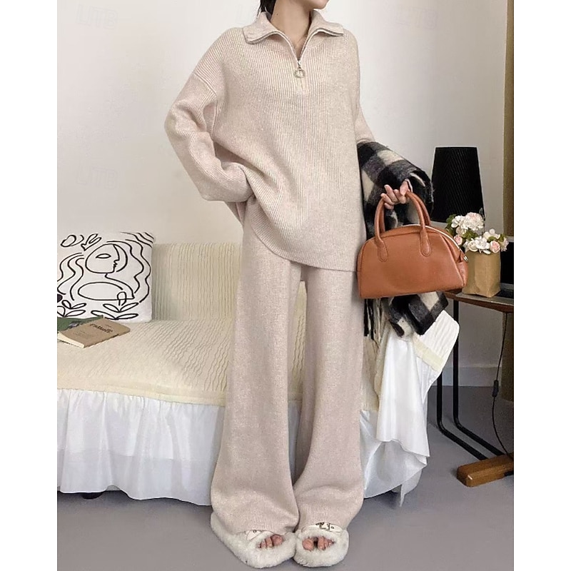 Women's Sweater Sweater Co-ords Pullover Streetwear Casual Solid Color Shirt Collar Zipper Knitted Long Sleeve Regular Tops Knit Daily Going out Weekend Black Apricot Fall Winter2