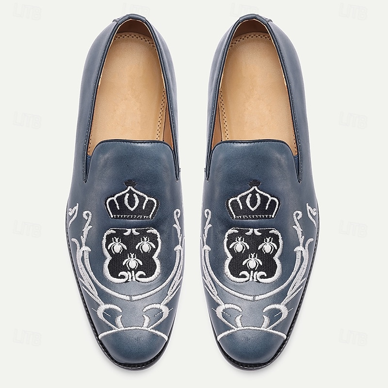 Men's Blue Embroidered  Leather Loafers – Stylish Slip-On Party Shoes for Banquets, Proms and Evening Wear4