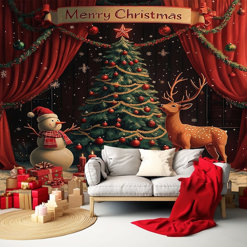 Chrismas Hanging Tapestry Christmas Tree Santa Claus Gift Boxes Large Wall Art Mural Decor Blanket Curtain Holiday Home Bedroom Living Room Festive Party Seasonal Christmas Celebration Decoration2