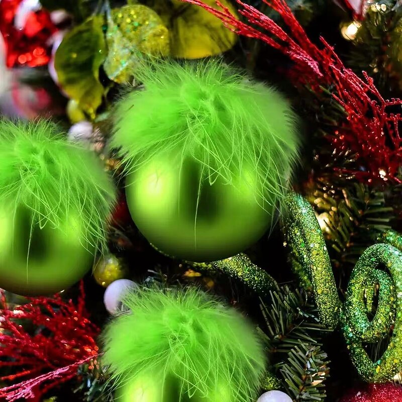 6/12pcs Christmas Tree Ornaments with Green Monster Furry Hair, Funny Holiday Hanging Baubles for Xmas Party, Home Decoration, Kids Gift Set4