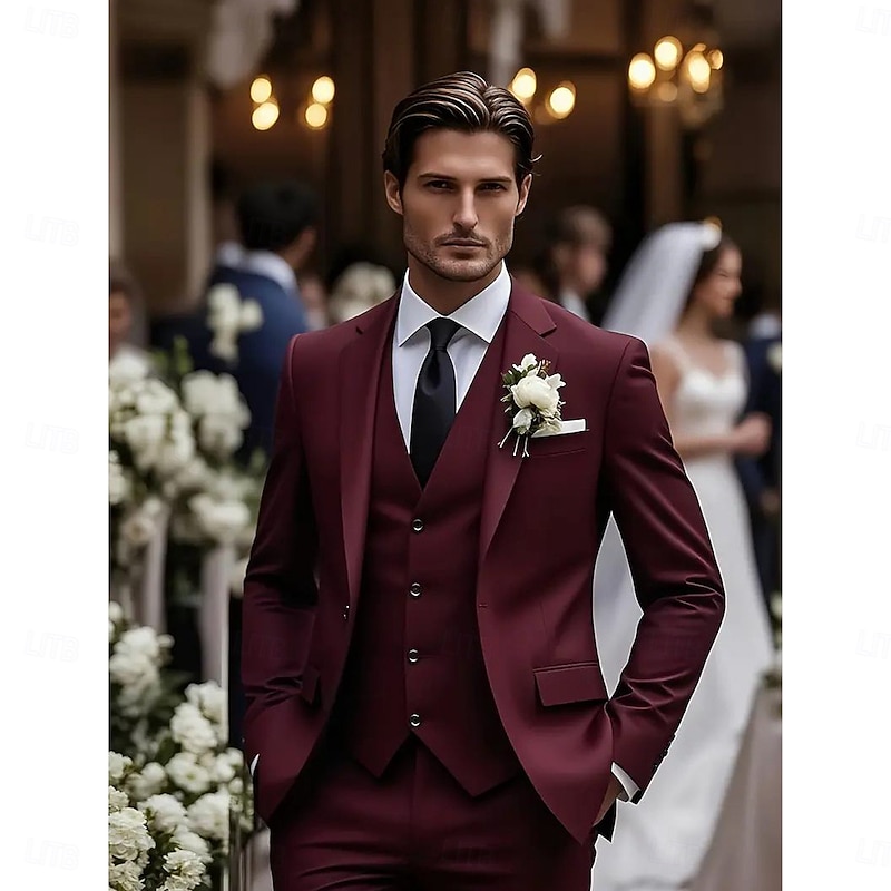 Men's Wedding Casual Party Suits Notch Lapel Burgundy Daily Formal Solid Colored Slim Fit 3 Piece Single Breasted One-button
