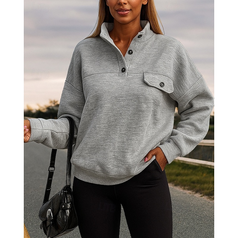 Women's Pullover Sweatshirt Lounge Top Buttons Long Sleeve Top Athleisure Solid Colored Windproof Warm Hiking Travel Vacation Sportswear Activewear Grey3