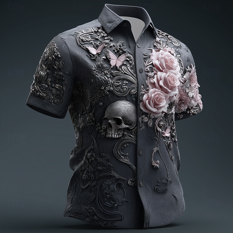 Men's Skull Floral Print Day of the Dead Shirt Button Up Shirt Short Sleeve Dark Gothic Style Holiday Streetwear Summer Spring Turndown 3D Print Collared Shirts Black