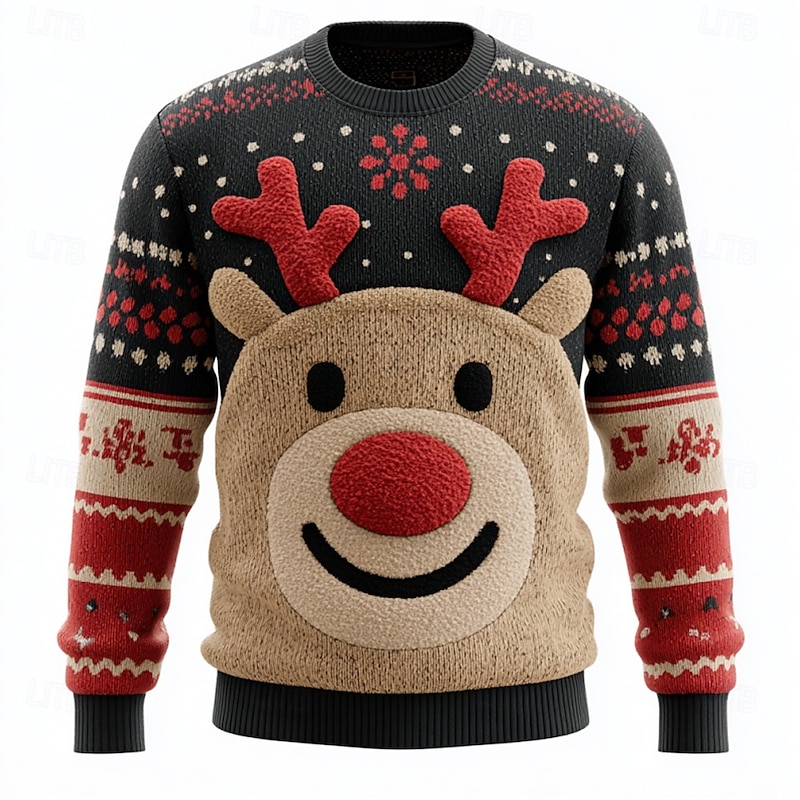 Ugly Christmas Sweater Men's Elk Pullover Sweater Jumper Knitwear Crewneck Casual Vacation Daily Festival 3D Print Keep Warm Long Sleeve Fall Winter Black A Black B Black