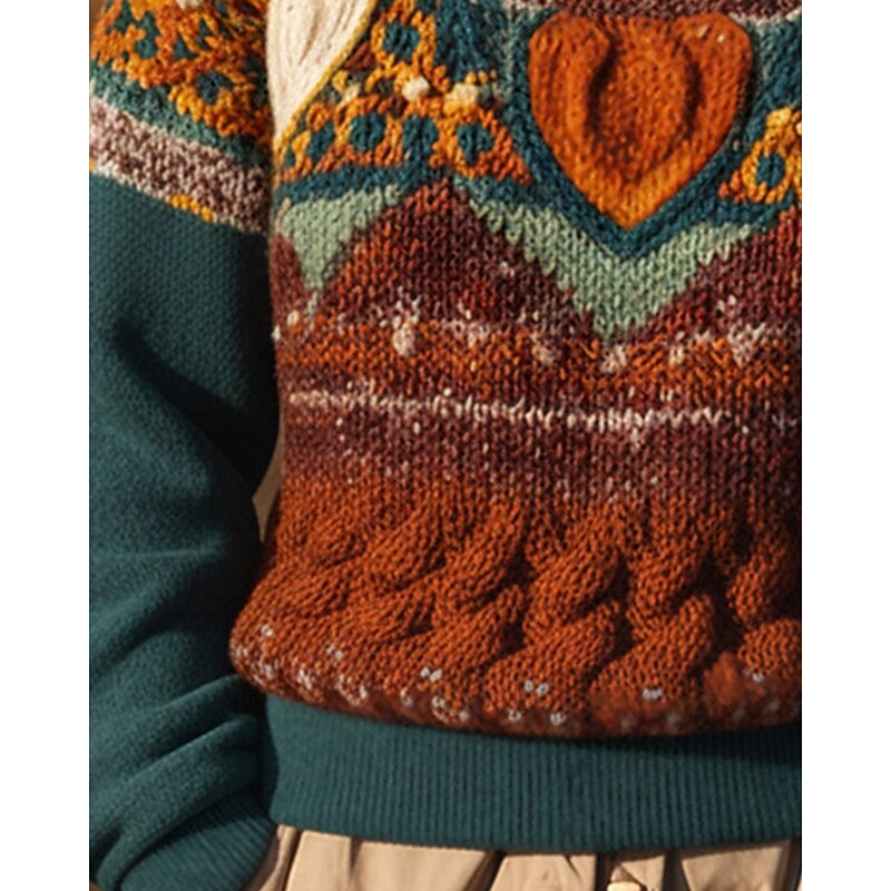 Women's Sweater Pullover Vintage Daily Casual Graphic Ribbed Crew Neck Knitted Print Long Sleeve Regular Tops Knit Outdoor Weekend Brown Fall Winter3