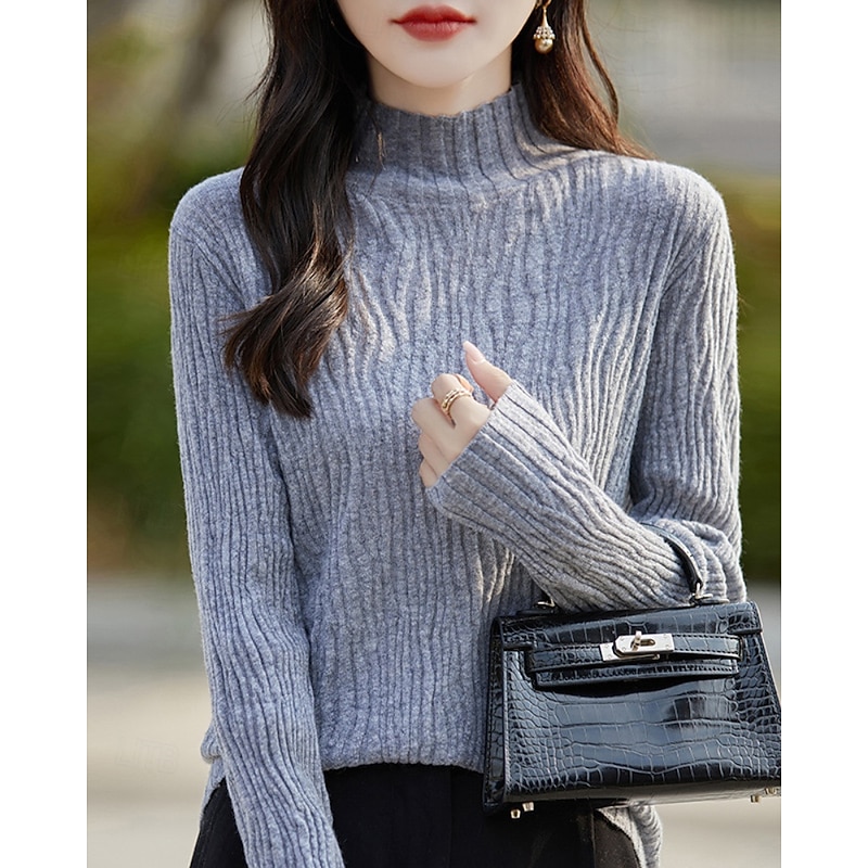 Women's Sweater Pullover Streetwear Casual Solid Color Mock Neck Knitted Long Sleeve Regular Tops Knit Daily Holiday Going out White Pink Fall Winter2