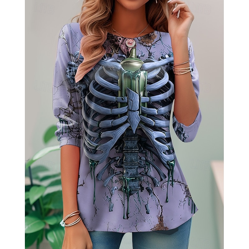Halloween Women's T Shirt Skeleton Skulls Graphic Skeleton Vintage Fashion Stylish Long Sleeve Crew Neck Round Neck Regular Tops Daily Weekend Print Yellow Pink Purple Green Summer Spring Fall4