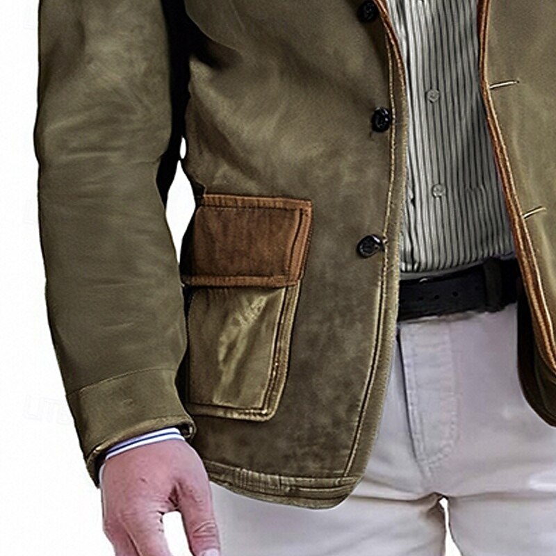 Men's Faux Suede Jacket Faux Suede Blazer Business Cocktail Party Wedding Party Fashion Casual Spring &  Fall Polyester Color Block Pocket Buttons Comfortable Single Breasted Blazer Green3