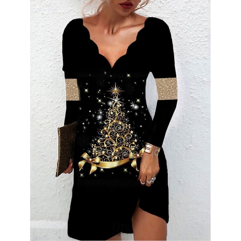 Christmas Women's Mini Dress Casual Dress Elegant Vintage Party Regular Fit Graphic Long Sleeve V Neck Black Red Gold Gray Fall Winter4