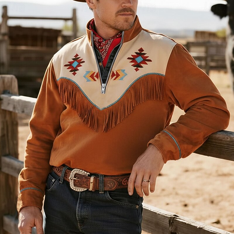 Men's Cowboy Costume Sweatshirt Ethnic Vintage Retro Stand Collar Outdoor Work Gift Black Brown Zipper Fall Winter Designer