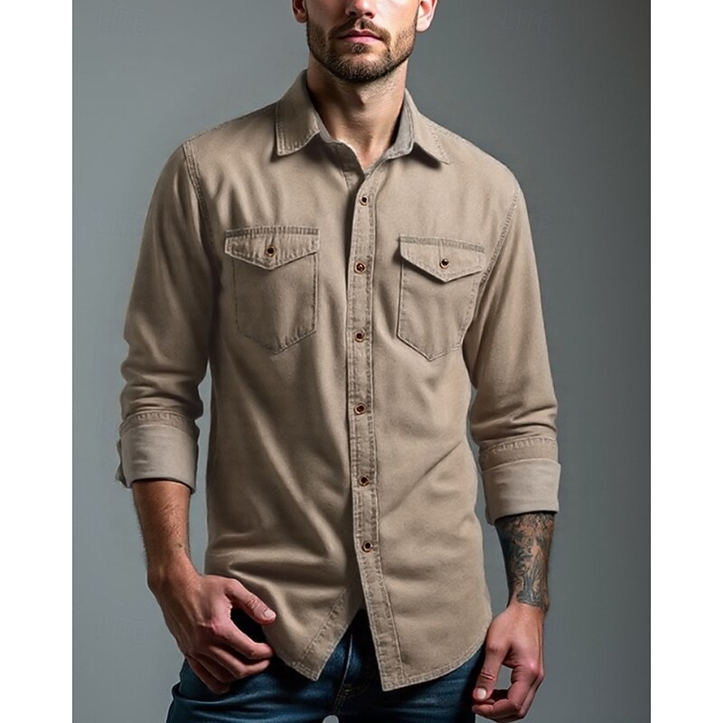 Men's Shirt Summer Shirt Casual Shirt Beach Shirt Button Up Shirt Black khaki Gray Light Blue Long Sleeve Plain Lapel Vacation Hawaiian Front Pocket Clothing Apparel Fashion Casual Comfortable3