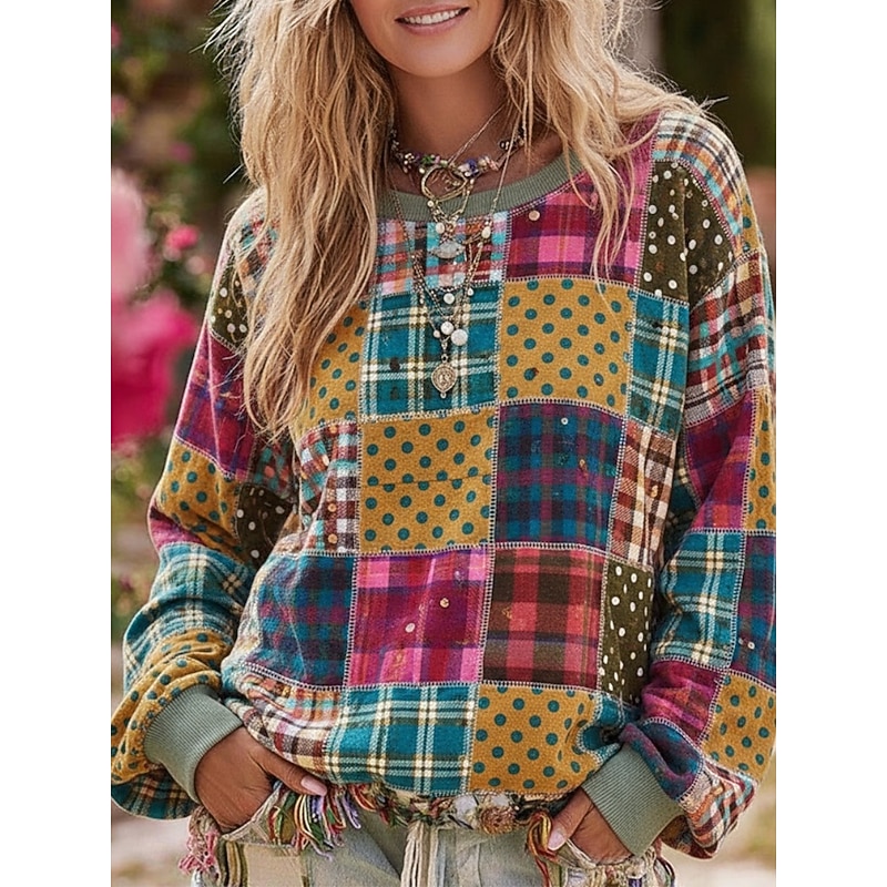 Women's Pullover Hoodies Floral Plaid Vintage Streetwear Casual Long Sleeve Crew Neck Hooded Regular Tops Dailywear Casual Drawstring Patchwork Print Yellow Spring Fall