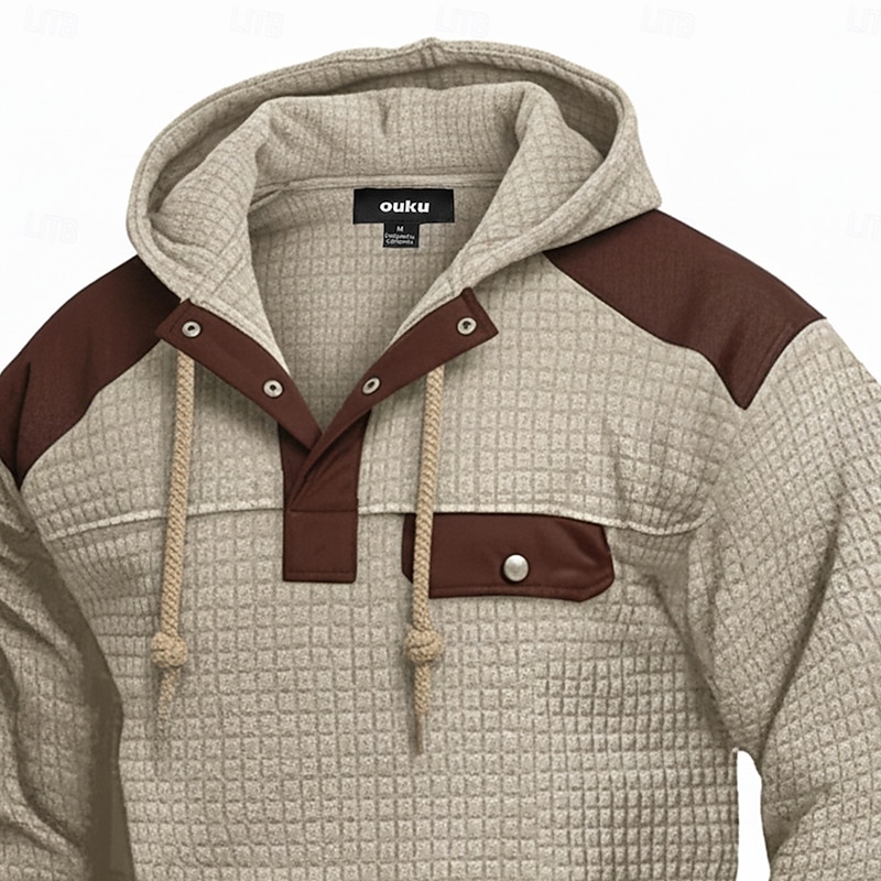 Men's Hoodie Waffle Hoodies Pullover Hoodie Sweatshirt Black Burgundy Navy Blue Khaki Light Grey Hooded Henley Plain Patchwork Color Block Sports & Outdoor Casual Daily Streetwear Cool Sportswear2