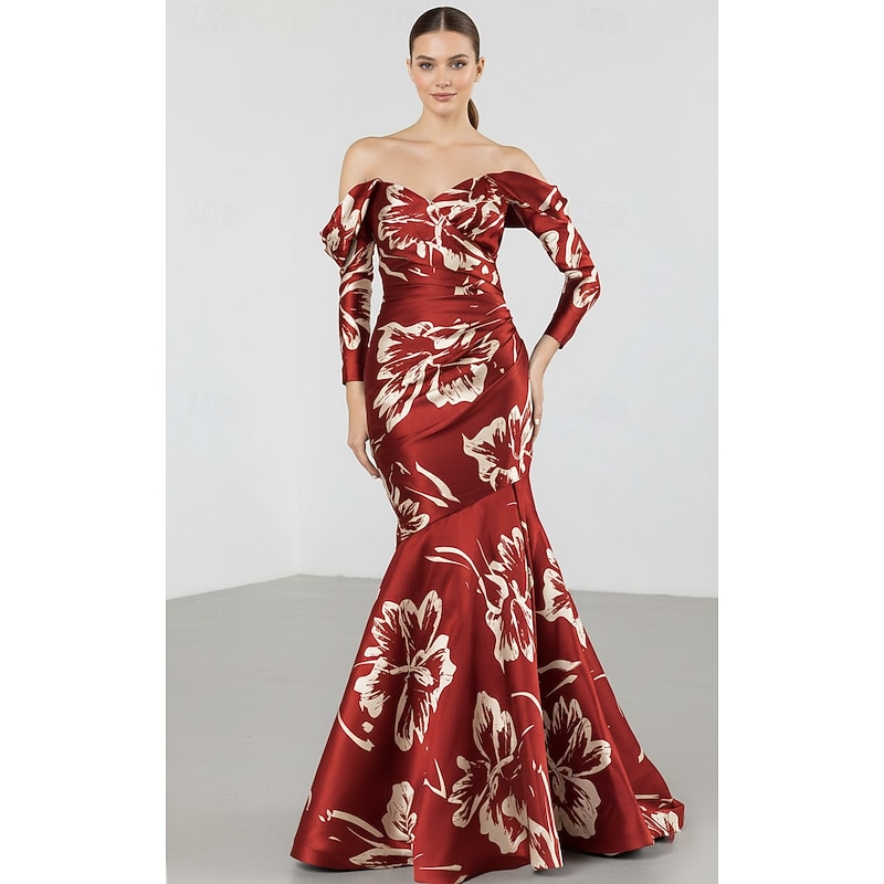 Floral Print Mermaid / Trumpet Evening Gown with Detachable Sleeve Elegant Formal Dress Formal Wedding Floor Length Sleeveless Off Shoulder Stretch Satin with Pleats 20254