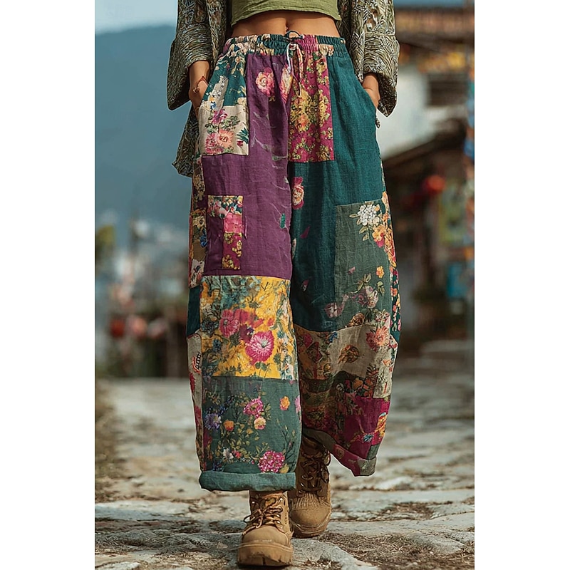 Women's Culottes Wide Leg Wide Leg Chinos Vacation Vintage Ethnic Style Full Length High Waist Floral Graphic Drawstring Patchwork Printing Quick Dry Breathability Soft Inelastic Formal Outdoor3