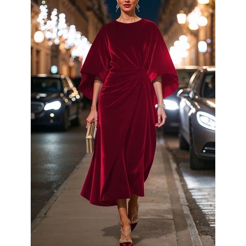 Women's Midi Dress Fit And Flare Dress Elegant Party Cocktail Outdoor Party Wedding Guest Regular Fit Solid Color Long Sleeve Crew Neck Black Red Blue Green Spring Fall Winter2