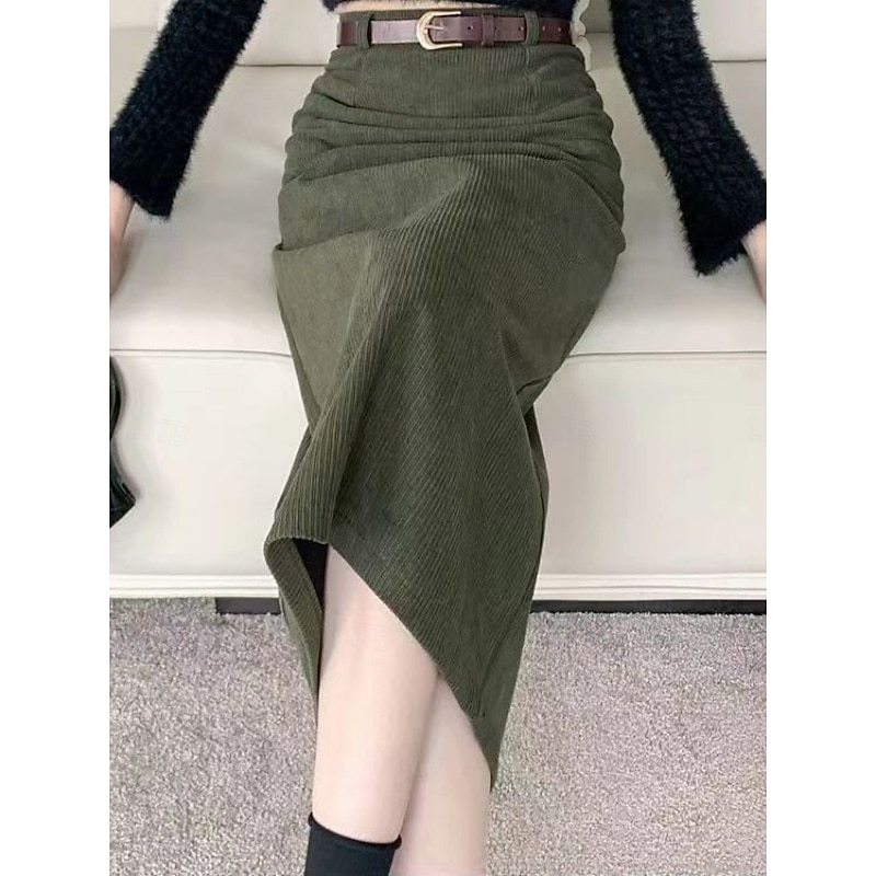 Women's Skirt A Line Fashion Casual Midi High Waist Skirts Plain Micro-elastic Street Daily Black Army Green Khaki Spring Corduroy2