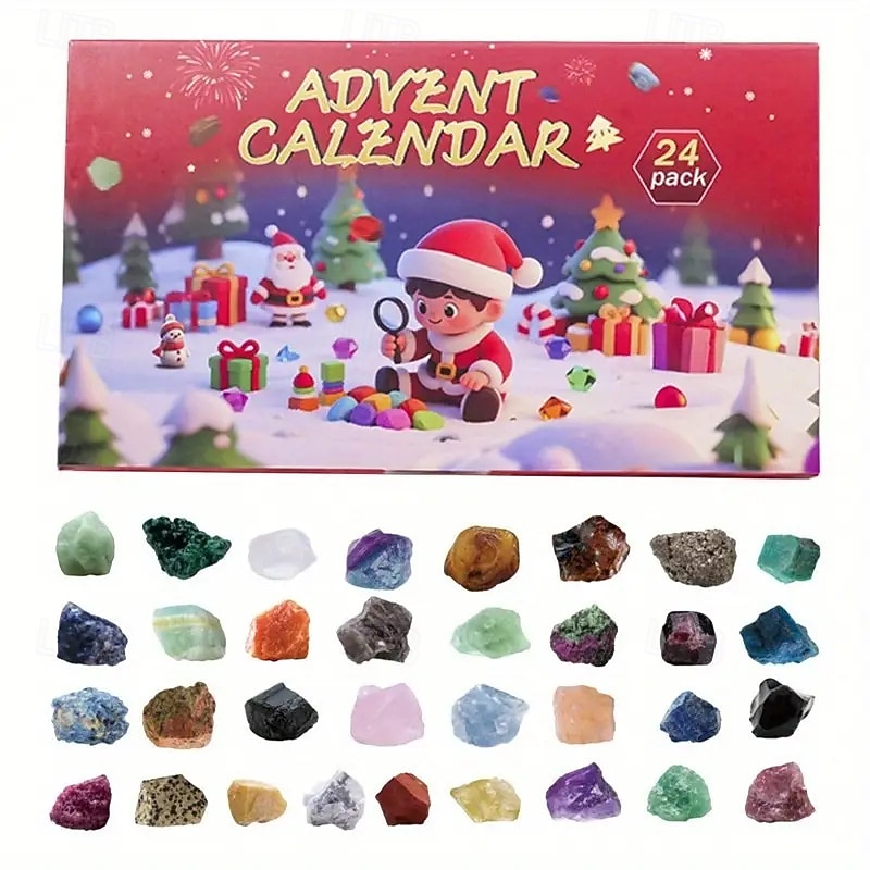 Natural Crystal Advent Calendar Set with 24 Days of Crystal Blind Boxes - Christmas Countdown Calendar with 24 Unique Stones (Amethyst Rose Quartz Citrine Black Selenite & More)