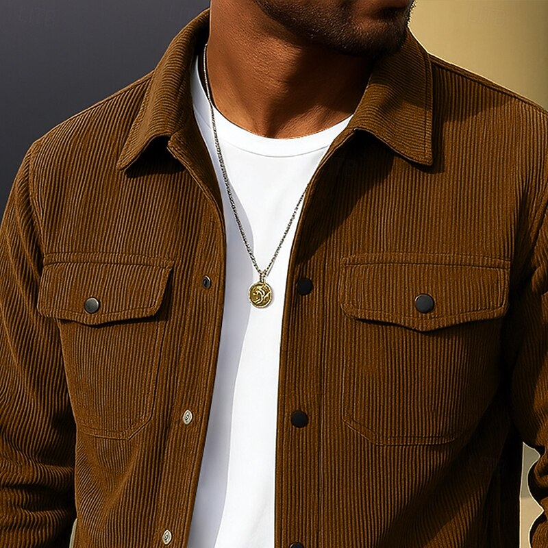 Men's Corduroy Shirt Black Brown Green Gray Long Sleeve Plain Turndown School Training Pocket Clothing Apparel Vintage Classic Casual3