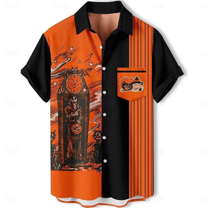 Halloween Skeleton Skull Pumpkin Hawaiian Shirts Aloha Shirt Button Down Shirt Print For Men's Adults' Halloween Carnival Masquerade 3D Print Party Halloween