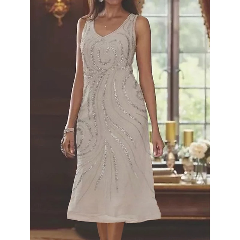 Beach Wedding Two Piece A-Line Mother of the Bride Dress Formal Wedding Guest Elegant V Neck Tea Length Chiffon Lace Sleeveless Jacket Dresses with Beading Sequin3