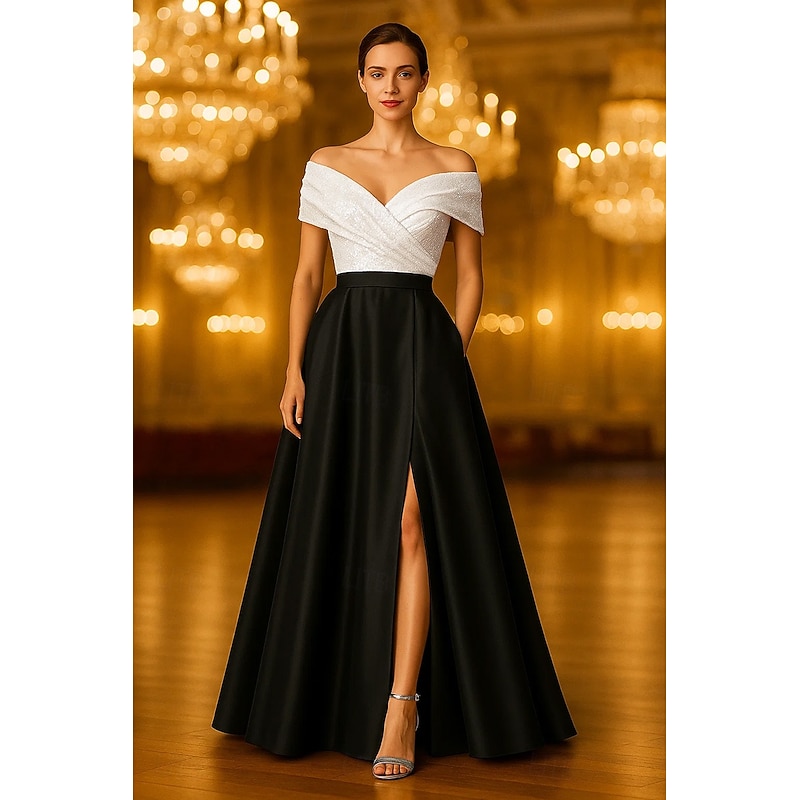 Black and White Sequin A-Line Evening Gown Elegant Formal Dress Formal Wedding Floor Length Sleeveless Off Shoulder Pocket Satin with Pleats Slit 2025