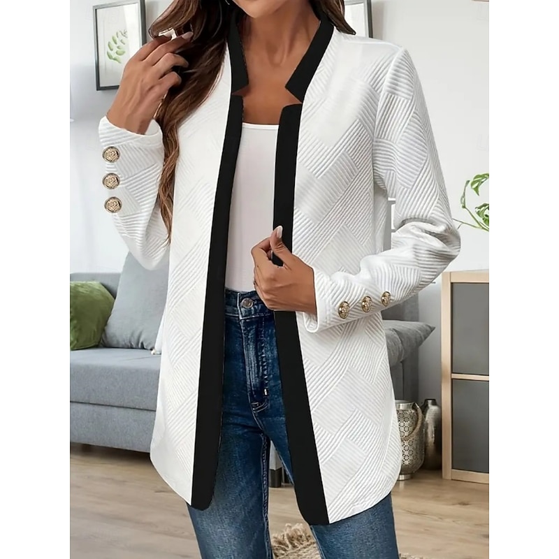 Women's Casual Jacket Comfortable Breathable Patchwork Buttons Elegant Casual Plain Vacation Street Casual Daily Wear Open Front Long Stand Collar Regular Fit Long Sleeve Outerwear Black White Spring