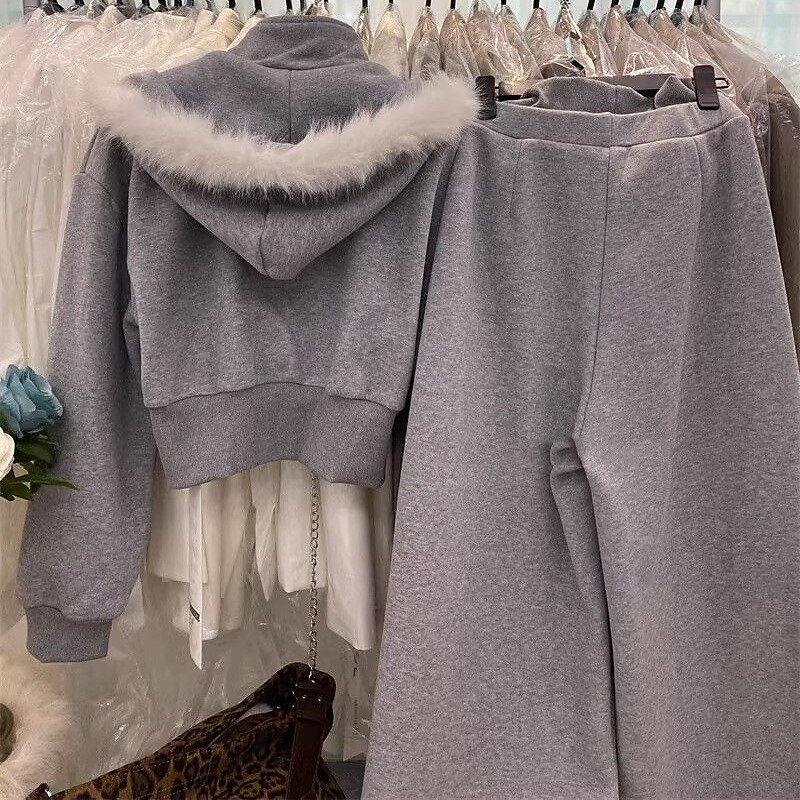 Women's Full Zip Sweatsuits Fur Hooded Jacket with Pocket Solid Colored Clothing Suit Fall & Winter Black Red Gym Outdoor Running Windproof Warm Long Sleeve Sport Activewear Micro-elastic Regular Fit4