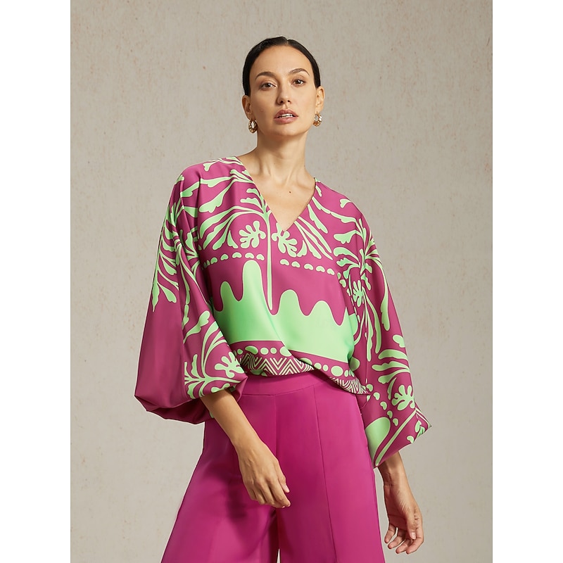 Woman's Top Vivid Fuchsia Vacation Inspired Print Satin Lantern Long Sleeve V Neck Seaside Vacation Casual Leisure Spring Autumn