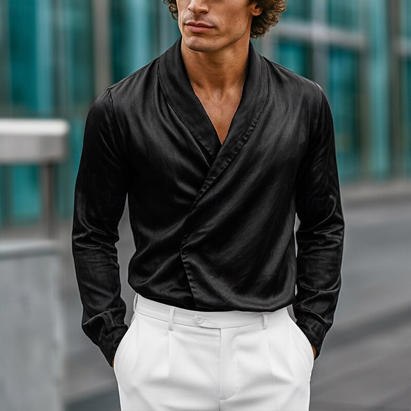 Men's Shirt Satin Shirt Dress Shirt Casual Shirt Button Up Shirt Prom Shirt Plain Formal Wedding Black Wine Royal Blue Gold Long Sleeve Shawl Collar All Seasons Clothing Apparel Wrap4