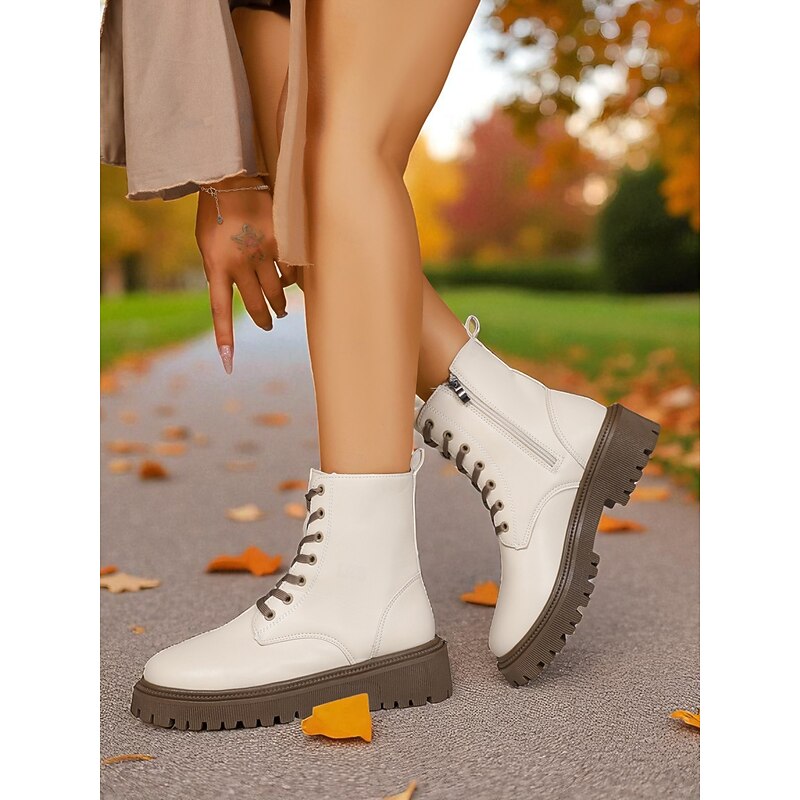 Korean Idol Inspired Pop Star Costume Shoes, Women's White Faux Leather Lace-Up Ankle Boots with Side Zipper and Chunky Sole – Stylish Combat Boots for Kpop, Streetwear and Casual Outfits3
