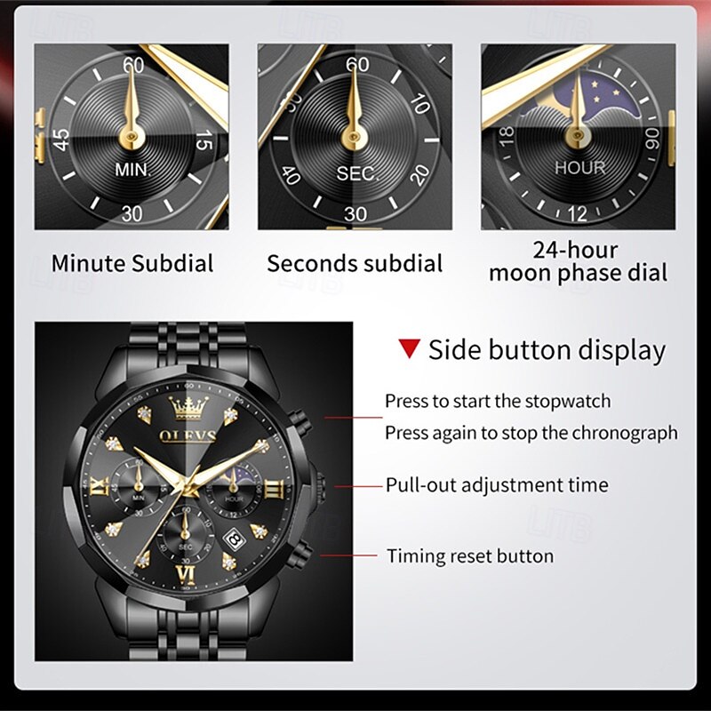 The New Olevs Men'S Business Watch With Luminous Calendar Small Three-Hand Moon Phase Display Multi-Functional Quartz Watch Waterproof Casual And Fashionable Men'S Sports Wristwatch2