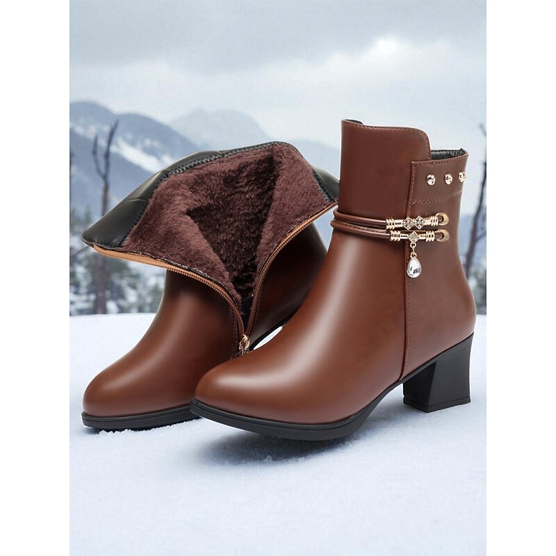 Women's Brown Warm Faux Fur Lined Ankle Boots with Heel, Stylish and Comfortable for Winter and Casual Wear.