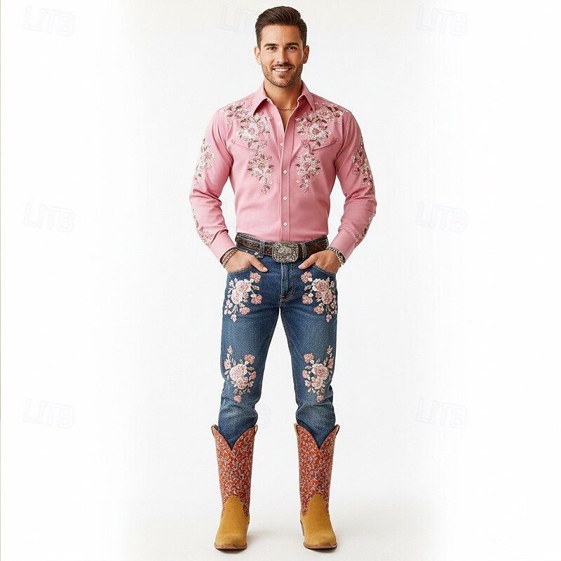 Men's Red Jacquard Fabric Cowboy Boots – Retro Pattern Western High Shaft Boots for Music Festivals, Stage Shows and Outdoor Wear2