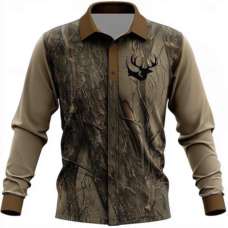 Men's Camo Reindeer Camouflage Shirt Button Up Shirt Long Sleeve Vintage Retro Outdoor Camping & Hiking Hunting Spring Fall Turndown 3D Print Collared Shirts Camouflage khaki Camouflage
